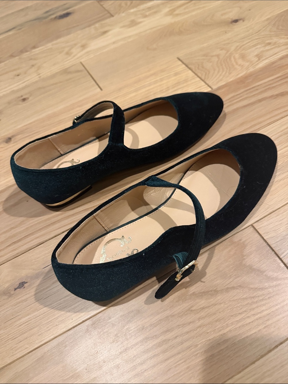 C. Wonder Dark Green Mary Jane Flats with Gold Buckle